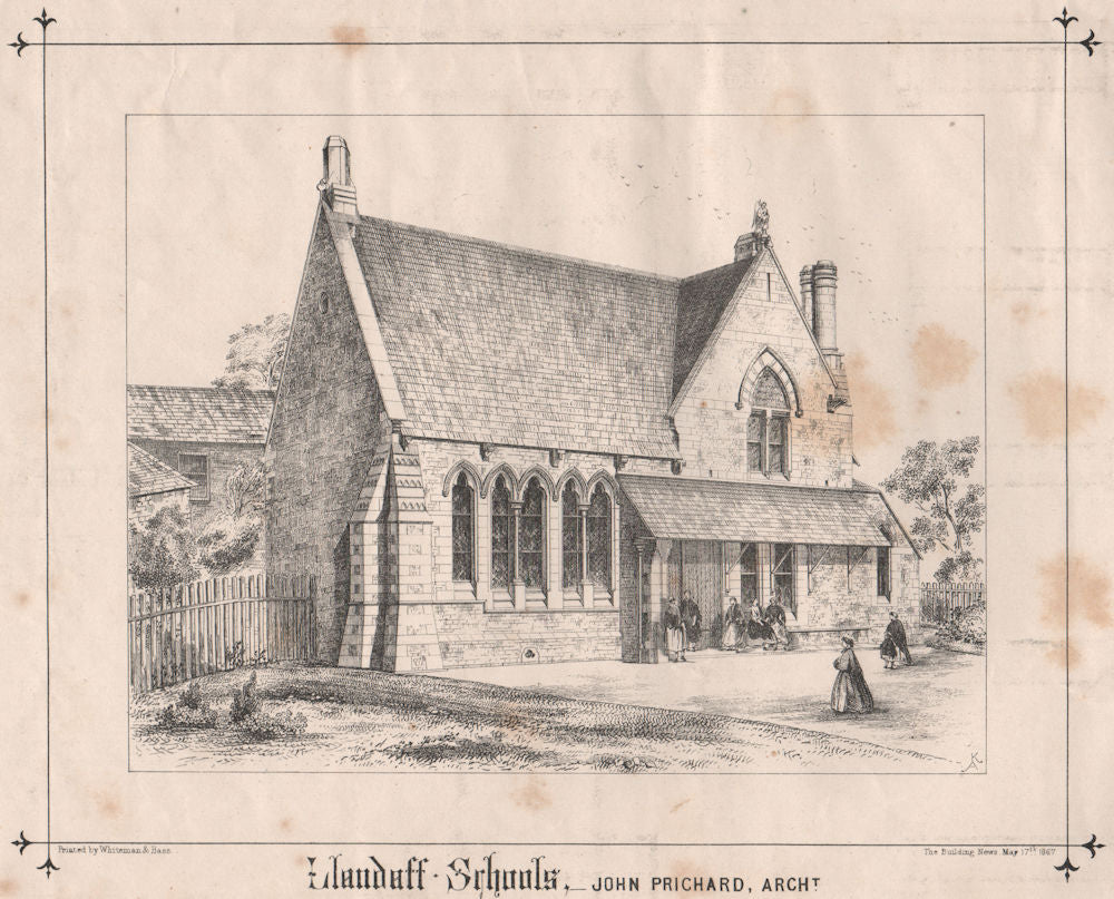 Llandaff Schools; John Prichard, Architect. Wales 1867 old antique print